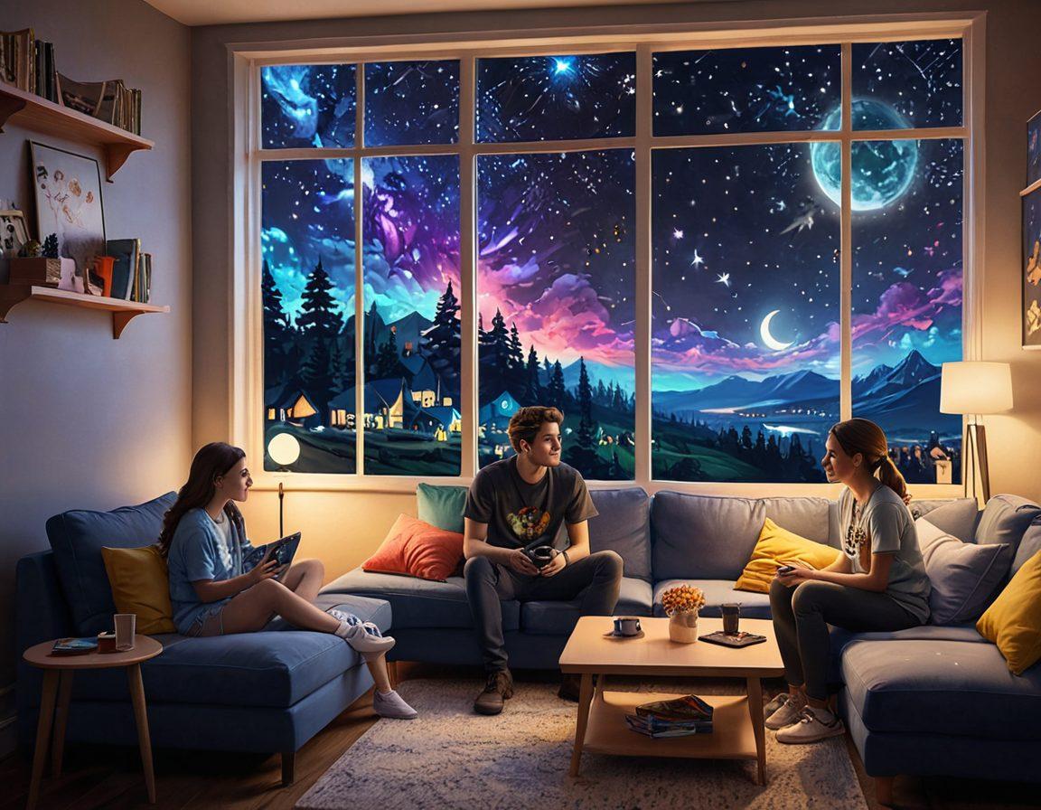 A heartwarming scene of two gamers, one male and one female, sitting side by side in a cozy gaming room, illuminated by colorful LED lights. The screens in front of them display vibrant multiplayer romance games, filled with animated characters and romantic settings. Soft pillows and snacks surround them, enhancing the cozy atmosphere. The background features posters of popular games and a window showing a starry night sky. vector art. vibrant colors. cozy ambiance.