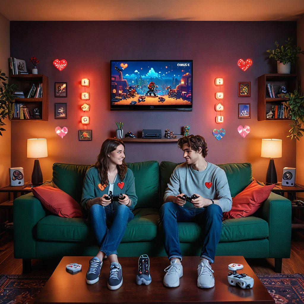 A romantic scene featuring a couple enjoying a vibrant, interactive video game in a cozy living room, surrounded by playful elements like heart-shaped gaming controllers and pixelated love symbols. Soft lighting casts a warm glow, enhancing the atmosphere of intimacy and fun. Include elements of retro gaming blended with modern technology. pixel art. vibrant colors. cozy setting.