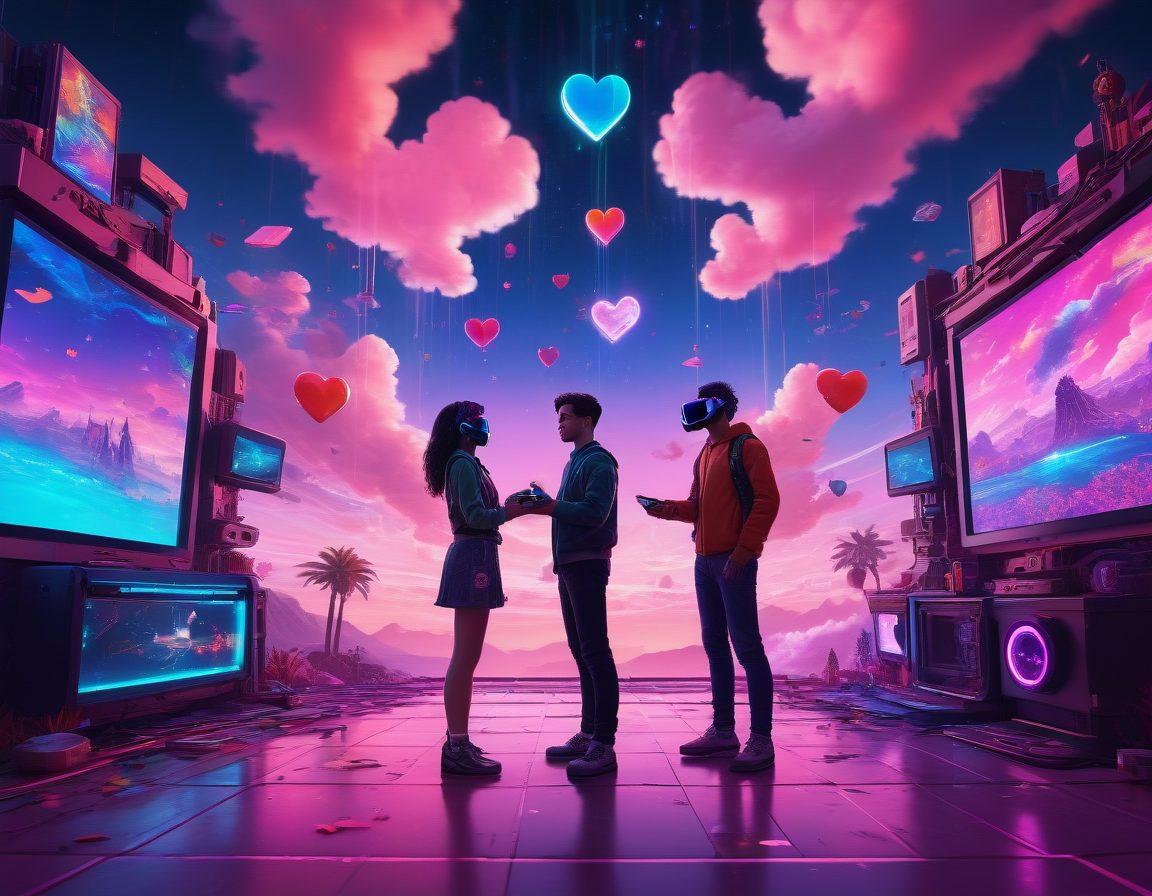 A whimsical digital landscape showing a couple interacting in a vibrant virtual reality game, surrounded by colorful game elements and heart symbols. Bright neon colors emphasize excitement and joy, while playful avatars represent different aspects of romance. The background features futuristic game consoles and pixelated clouds, blending gaming and love themes seamlessly. super-realistic. vibrant colors. cyberpunk.